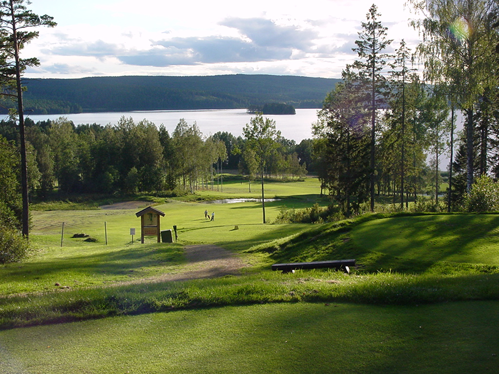 Fin utsikt över golfbanan. En stor öppen yta som är grön och runt omkring är det många träd och bunkrar.