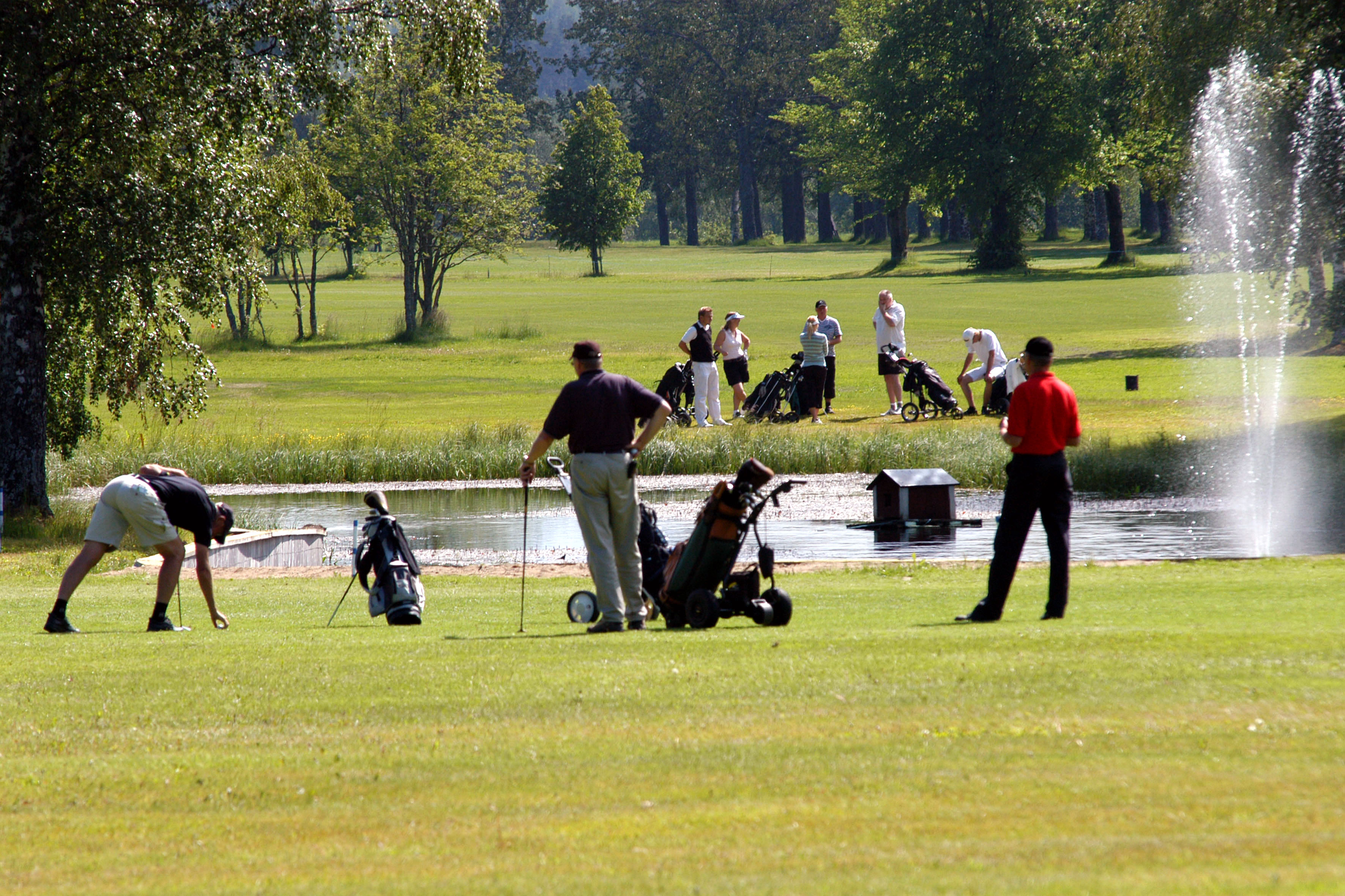 Flera spelare står på den gröna golfbanan. En person böjer sig ned för att ta upp en golfboll från marken.