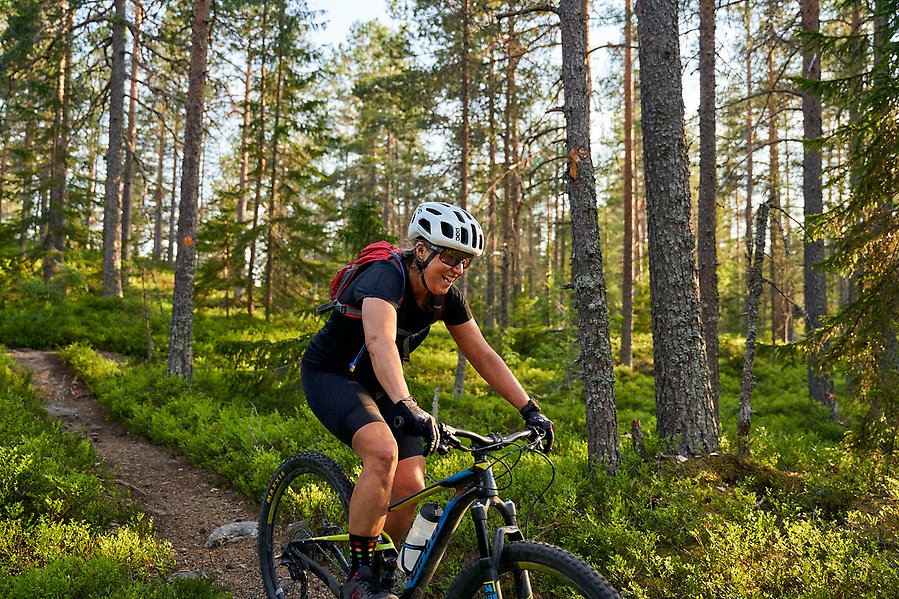 Person cyklar i skogen på en stig